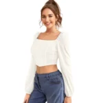 Women's Polyester Solid Long Sleeves Square Neck Top (White) - Image 4