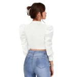 Women's Polyester Solid Puff Sleeves Lapel Collar Top (White) - Image 2