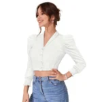 Women's Polyester Solid Puff Sleeves Lapel Collar Top (White) - Image 4