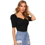 Women's Polyester Solid Puff Short Sleeves Sweetheart Neck Top (Black) - Image 5