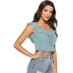 Women's Polyester Solid Sleeveless Ruffle Neck Top (Pista) - Image 5