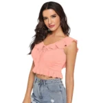 Women's Polyester Solid Sleeveless Ruffle Neck Top (Peach) - Image 2
