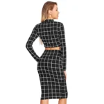 Women's Polyester Checkered Full Sleeves Stand Collar Crop Top Skirt Set (Black) - Image 2