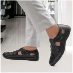 Men's Casual Faux Leather Solid Velcro Sandal (Black) - Image 5