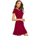 Women's Knitting stretchable Solid V Neck Flaired Sleeve Dress (Maroon ) - Image 4