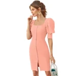 Women's Knitting stretchable Solid Square Neck 3-4 Puff Sleeve Dress (Peach) - Image 2