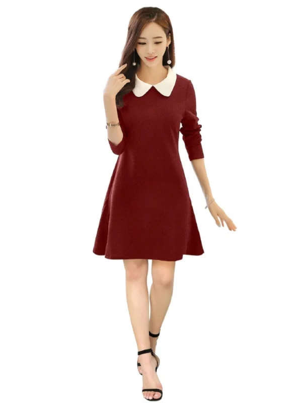 Women's Polyester Solid Collar 3-4th Dress (Maroon)