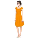 Women's Polyester Solid V Neck Cap Sleeve off Shoulder Dress (Yellow) - Image 2
