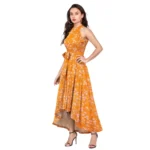 Women's Polyester Printed Halter Neck Sleeveless Dress (Yellow) - Image 2
