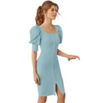 Women's Knitting stretchable Solid Square Neck 3-4 Puff Sleeve Dress (Pista) - Image 4