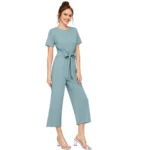 Women's Knitting stretchable Solid Round Neck Cap Sleeve Jumpsuit (Pista ) - Image 4
