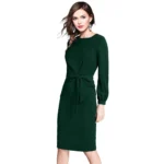 Women's Knitting stretchable Solid Round Neck Full Sleeve Dress (Green) - Image 4