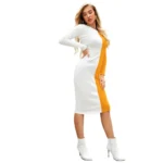 Women's Knitting stretchable Solid Round Neck Full Sleeve Dress (Yellow) - Image 4