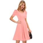 Women's Knitting stretchable Solid V Neck Cap Sleeve Dress (Peach) - Image 4