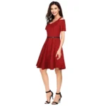 Women's Polyester Solid V Neck Cap Sleeve Dress (Maroon) - Image 2