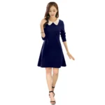 Women's Polyester Solid Collar 3-4th Dress (Blue)