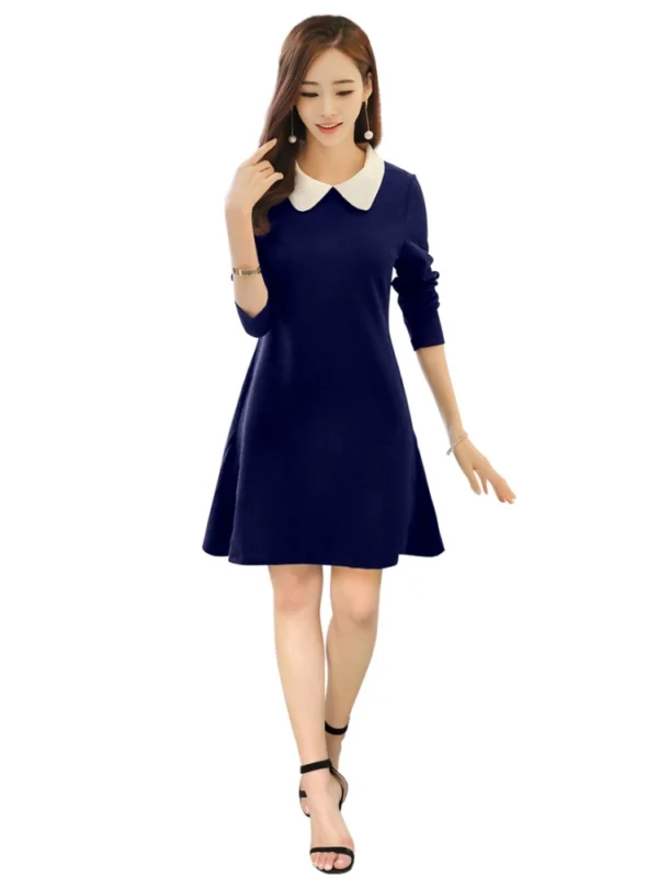 Women's Polyester Solid Collar 3-4th Dress (Blue)
