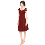 Women's Polyester Solid V Neck Cap Sleeve off Shoulder Dress (Maroon) - Image 2