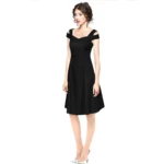 Women's Polyester Solid V Neck Cap Sleeve off Shoulder Dress (Black) - Image 2