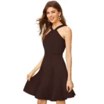 Women's Knitting stretchable Solid Halter Neck Sleeveless Dress (Coffee) - Image 4