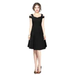 Women's Polyester Solid V Neck Cap Sleeve off Shoulder Dress (Black)