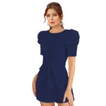 Women's Knitting stretchable Solid Round Neck 3-4 Puff Sleeve Dress (Blue) - Image 2