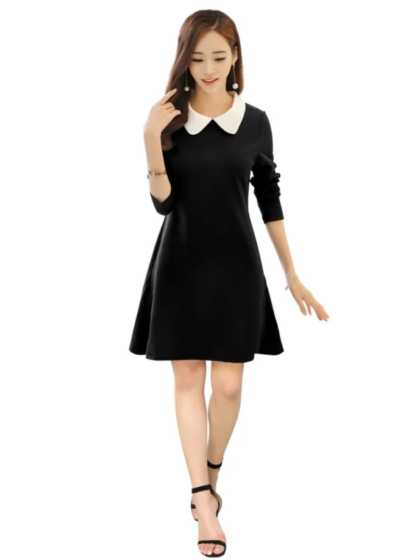 Women's Polyester Solid Collar 3-4th Dress (Black)