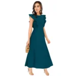 Women's Knitting stretchable Solid Round Neck Ruffled Sleeve Dress (Morpich) - Image 4