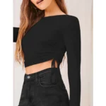 Women's Polyester Solid Round Neck Full Sleeve Top (Black) - Image 4