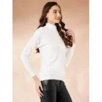 Women's Polyester Solid High Neck Full Sleeve T-Shirt (White) - Image 2