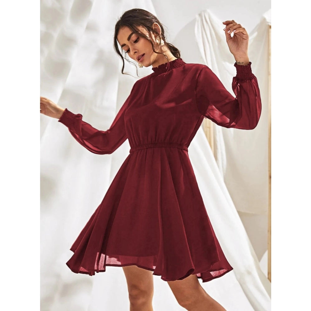 54165430776_225fd11938_o_d-1000x1000-1.webp Women's Fox Georgette Solid High Neck Full Sleeve Dress (Maroon) - Image 1
