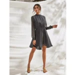 Women's Fox Georgette Solid High Neck Full Sleeve Dress (Grey) - Image 2
