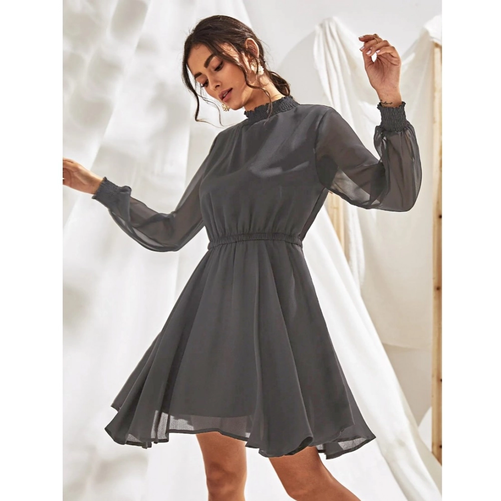 54165703363_37a420fbaf_o_d-1000x1000-1.webp Women's Fox Georgette Solid High Neck Full Sleeve Dress (Grey) - Image 1