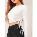 Women's Polyester Solid Round Neck Full Sleeve Top (White) - Image 2