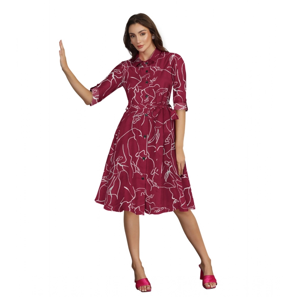 54165742259_97e6e48efe_o_d-1000x1000-1.webp Women's Ruby Cotton Printed Shirt Collar 3-4th Sleeve Dress (Maroon) - Image 1