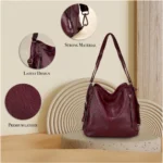 Women's PU Leather Medium Shoulder Zipper Handbag (Wine red) - Image 4