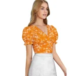 Women's Knitting Printed V-Neck Puff Sleeve Tops (Yellow) - Image 6