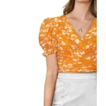 Women's Knitting Printed V-Neck Puff Sleeve Tops (Yellow) - Image 3