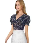Women's Knitting Printed V-Neck Puff Sleeve Tops (Navy Blue) - Image 5