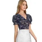 Women's Knitting Printed V-Neck Puff Sleeve Tops (Navy Blue) - Image 6