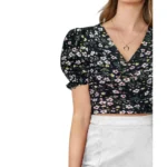 Women's Knitting Printed V-Neck Puff Sleeve Tops (Black) - Image 3