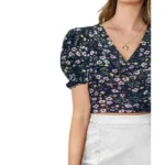 Women's Knitting Printed V-Neck Puff Sleeve Tops (Navy Blue) - Image 3