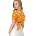 Women's Knitting Printed V-Neck Puff Sleeve Tops (Yellow) - Image 4