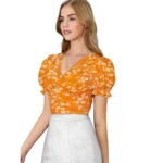 Women's Knitting Printed V-Neck Puff Sleeve Tops (Yellow) - Image 5