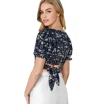 Women's Knitting Printed V-Neck Puff Sleeve Tops (Navy Blue) - Image 4