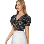 Women's Knitting Printed V-Neck Puff Sleeve Tops (Black) - Image 5
