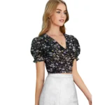 Women's Knitting Printed V-Neck Puff Sleeve Tops (Black) - Image 6