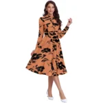 Women's Knitting Printed V-Neck Full Sleeve Dress (Orange) - Image 3