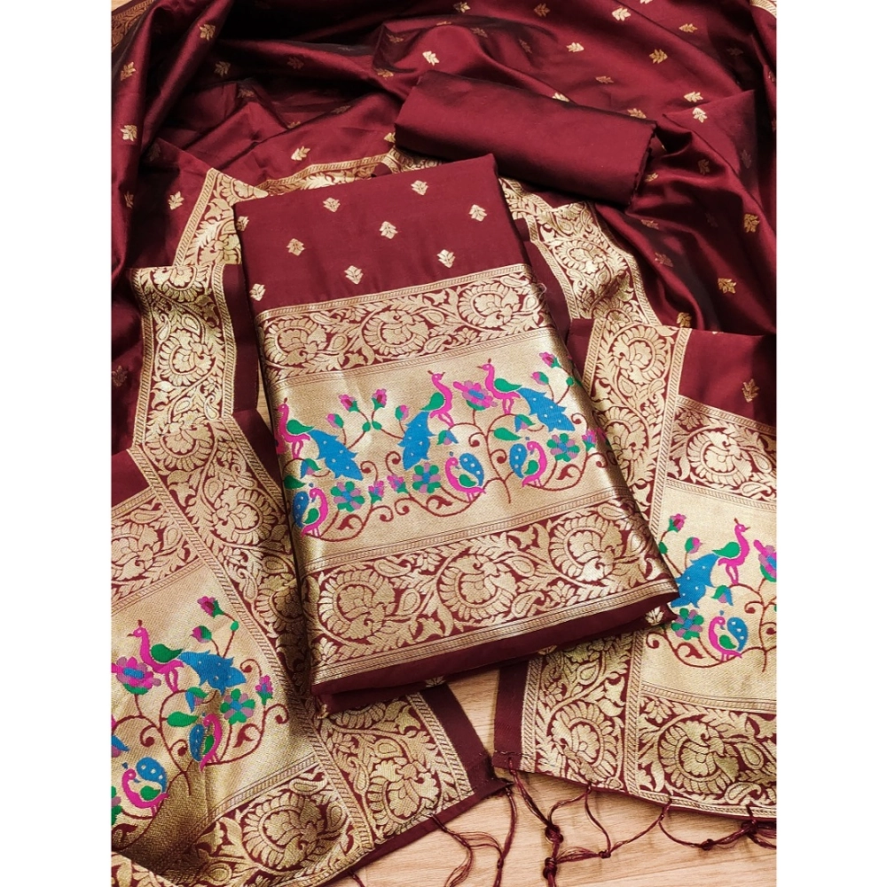 54263750044_677e86d286_o_d-1000x1000-1.webp Women's Banarasi Silk Printed Unstitched Salwar Suit Material With Dupatta (Maroon, 3Mtrs) - Image 1