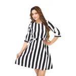 Women's Crep Striped Short Sleeve Dress (Black-White ) - Image 4